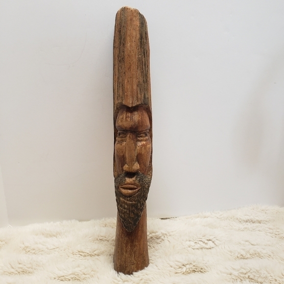 vintage Hand Carved Wood Tiki Totem Style Bearded Man Sculptural Art 15" Tall - Picture 3 of 8